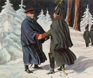 Jednání mezi Yorckem a ruským generálem Diebitschem, 25. prosince 1812 (barevná litografie)