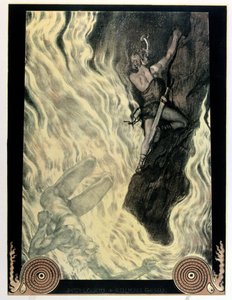 Siegfried a Locke, ilustrace k Prstenu Niebelungů od Richarda Wagnera (1813-83), před rokem 1914 (barevné lito)