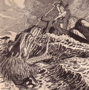 Thor a Hymir Fishing. Ilustrace k filmu Edda: Germánští bohové a hrdinové od Hanse von Wolzogena