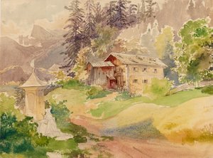 Alpská krajina s farmou a ženou před svatyní od Franz Steinfeld