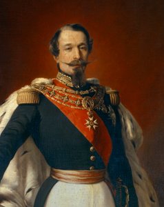 Portrét Napoleona III (1808-1873), císaře Francouzů před pohledem na Chateau de Saint Cloud. Detail obrazu Franze Xavera Winterhaltera (1806-1873) 1855 Rozm. 2,4x1,5m