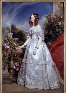 Portrét vévodkyně z Nemours Portrét vítězství Saxe-Coburg-Gotha (1822-1857) manželka vévody z Nemours. Obraz M. P. Juliena Laurenta (1805-1860) podle Franze Xaviera Winterhaltera. 1846. Paříž, dekorativní umění - celovečerní portrét Du