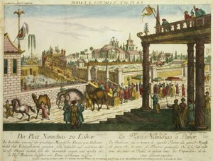 Namchas Place v Lahore, ukazující zlatý trůn Velkého Mogula, Pákistán (akvatinta)