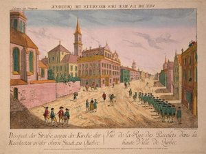 Vue de la Rue des Récollets de Quebec, vydáno kolem 70. let 18. století (ručně kolorovaná rytina)