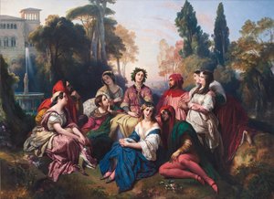 Dekameron (The Dekameron). Kompozice inspirovaná sbírkou povídek Giovanniho Boccaccia (Jean Boccace od Franz Xaver Winterhalter