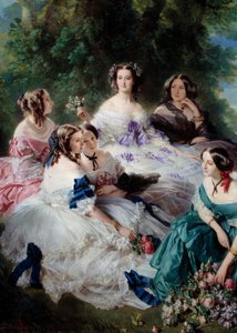 Impress Eugenie (1826-1920) v roce 1855 obklopuje čestné dámy paláce Detail, představující princeznu z Esslingu, baronku z kamenů, vikomtesu Lezay-Marnesii, císaře na vrcholu v bílém a markýzu z Montebella na a od Franz Xaver Winterhalter