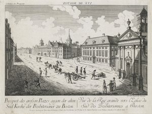 Vue d’Optique/Prospect des grossen Plazes gegen der Alten Sud Kirche der Presbiterianer zu Boston (Optický pohled/pohled na velká náměstí směrem k Old South Presbyterian Church v Bostonu), c. 1776 (lept a rytina, nekolorovaný na položený papír)