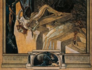 Rakousko, Vídeň, Ilustrace Božské komedie Danteho Alighieriho (Peklo, Píseň XXII) od Franze von Bayros, detail