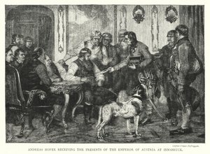 Andreas Hofer Přijímání darů rakouského císaře v Innsbrucku (rytina) od Franz von (after) Defregger