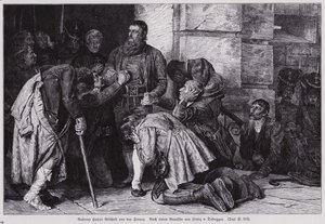 Andreas Hofer, vůdce tyrolského povstání proti francouzské a bavorské okupaci, se loučil se svými stoupenci, než byl odvezen do Mantovy na popravu od Franz von (after) Defregger