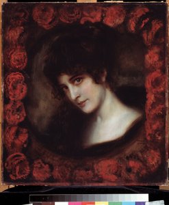 ""Portrait of a Woman"" (Portrait of a Woman) Mladá tmavovlasá žena s tváří orámovanou růžemi. Obraz Franze Rittera von Stuck (1863-1928) Puškinovo muzeum z počátku 20. století, Moskva od Franz von Stuck