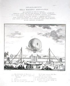První let horkovzdušným balónem s posádkou v Itálii vyrobený Paolo Andreani (1763-1823) 1784, vyryto Girolamo Mantelli, publikováno 1785 (rytina) (viz také 206819) od Fratelli Gerli (after)