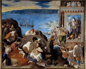 Alegorie převzetí moci nad Salvadorem de Bahia (Brazílie) portugalskou, španělskou a indickou armádou, které velel Fadrique Alvarez de Toledo y Mendoza (1580-1634) dne 1. května 1625 (zpětné dobytí Bahie v Brazílii) - Vlevo: utrpení oběti - Vpravo: Gen od Fray Juan Batista Maino or Mayno