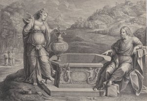 Kristus, sedící vpravo, a žena Samaří, která stojí vlevo, ca. 1729. od Frédéric Horthemels