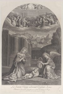 Panna Maria klanící se dítěti Krista, anděl držící vpravo trnovou korunu,..., ca. 1729. od Frédéric Horthemels