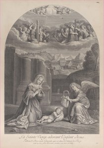 Panna Maria klanící se dítěti Krista, anděl držící vpravo trnovou korunu,..., ca. 1729. od Frédéric Horthemels