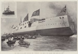 Spuštění naší největší bitevní lodi HMS Formidable na vodu - loď, jak se objevila po opuštění Ways.