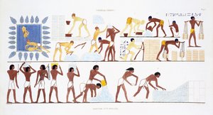 Výroba cihel, ze vzácného záznamu fresek z Théb, zaznamenaná v letech 1819–1822 při jeho druhé návštěvě Egypta Fredericem Cailliaudem (1787–1869), barevná lito