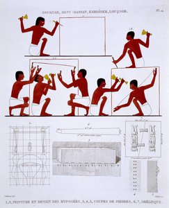 Stonemasons at Work, ze vzácného záznamu fresek z Théb, zaznamenaných 1819-1822 při jeho druhé návštěvě Egypta Fredericem Cailliaudem (1787-1869), barevná lito