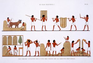 Přeprava, skladování a záznam zásob obilí, ze vzácného záznamu fresek z Théb, zaznamenaného v letech 1819–1822 při jeho druhé návštěvě Egypta Fredericem Caillaudem (1787–1869), barevná lito