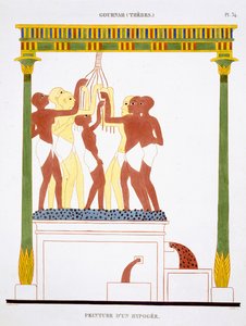 Treading Grapes, ze vzácného záznamu fresek z Théb, zaznamenaný v letech 1819-1822 při jeho druhé návštěvě Egypta Fredericem Cailliaudem (1787-1869), barevná lito