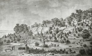 Pohled na vesnici severně od Agady v zemi Bertatů z jižní perspektivy, z knihy "Voyage a Meroe : au fleuve Blanc, au-dela de Fazoqldans le midi du royaume de Snnar a Syouah", tisk G. Engelmanna, vydáno 1827 (litografie).