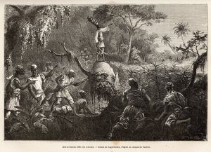 Abd es Samate, přítel a poručík Mounzy, král Mombuttous, vyzývá své nepřátele Zandy (nebo niam niam), kteří jim vyhlásili válku, rytina podle kresby Laguillermie, ilustrující cestu do srdce Afriky v roce 1868- 1871, od