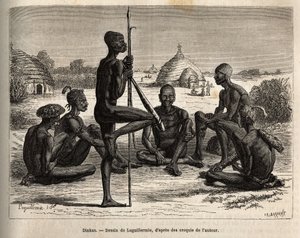 Dinkas z vesnice Koudj (Senegal), jehož tělo je pokryto popelem, aby je chránil před hmyzem a parazity, je také kosmetickým a společenským prvkem, vyrytým podle Laguillermieho kresby, znázorňující cestu do srdce Afriky v letech 1868-1871
