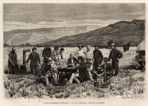 Geologická mise Spojených států je mladá v rovině, vyleptaná podle kresby Laguillermieho, ilustrující soubor geografických misí přes Národní park Spojených států v letech 1870 až 1872 od pánů Haydena, Doanea a Langforda, nakl.