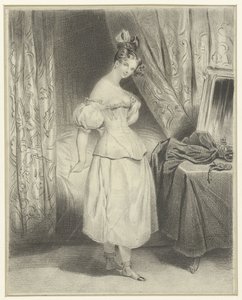 Mladá žena v ložnici, rozvazování její korzet živůtek