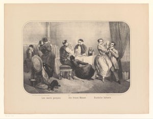 Skupina mužů a žen v interiéru Les maris garçons / Die freien Männer / Bachelor hubants (název na objektu) od Frederic Charles Wentzel (possibly)