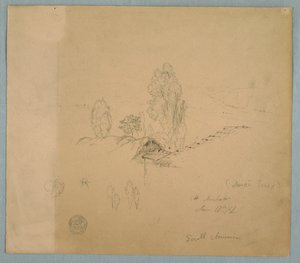 Kresba, Došková střecha a tašková střecha s korunami stromů v horské krajině poblíž Chimboraza, Ambato, Ekvádor, 17. června 1857 od Frederic Edwin Church