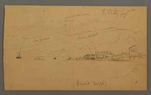 Kresba, záliv s domy, hory za nimi, leden 1868 od Frederic Edwin Church