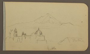 Kresba, katedrála, hora, Cuautla; Verso: dům, kostel, strom Cuautla, únor 1885 od Frederic Edwin Church