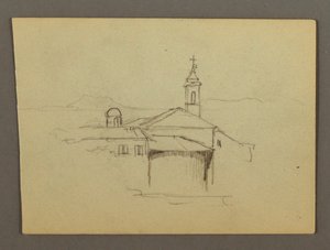 Kresba, kostelní věž a přilehlé budovy, pravděpodobně 1868-69 od Frederic Edwin Church