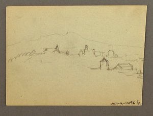 Kresba, kostelní věž a přilehlé budovy, pravděpodobně 1868-69 od Frederic Edwin Church