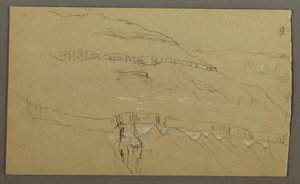 Kresba, El Yemen Valley, Arábie: Skalní stěna s horní částí připomínající řadu sloupů, 20. února 1868 od Frederic Edwin Church