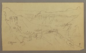 Kresba, El Yemen Valley, Arábie: Pohled na klikatící se údolí s karavanou, 20. února 1868. od Frederic Edwin Church