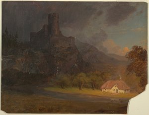 Kresba, Anglický hrad a chata, asi 1844 od Frederic Edwin Church