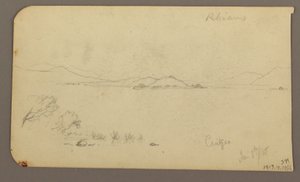 Kresba, Postava a volský povoz, cypřiš; Verso: Pohled na jezero Cuitzeo, leden 1885 od Frederic Edwin Church