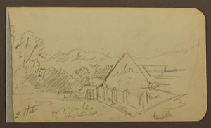 Kresba, zahrada, dům, Cuautla; Verso: kostel, stodola, Cuautla, únor 1885 od Frederic Edwin Church