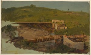Kresba, Kopec s viadukty a zničenými mlýny, poblíž Catskillu, New York, asi 1865 od Frederic Edwin Church