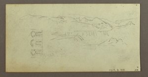 Kresba, kůň, postava zezadu, stromy, pravděpodobně 1868 od Frederic Edwin Church