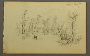 Kresba, rybník Htakie (), dva lidé v kánoi, 1845 od Frederic Edwin Church