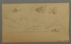 Kresba, Středověký hrad, dvě věže, figurální studie, u Thunu, pravděpodobně 1868 od Frederic Edwin Church