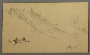 Kresba, Vrcholky hor, Dvě postavy ve člunu, srpen 1868 od Frederic Edwin Church