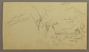 Kresba, Horské údolí, most, budovy, pravděpodobně 1868-69 od Frederic Edwin Church