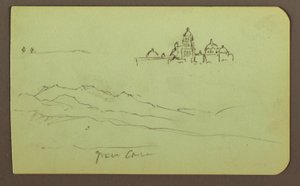 Kresba, Hory, Kostel; Verso: Postavy, Kostel, 1883 od Frederic Edwin Church