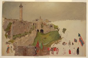Kresba, Průvod při vjezdu do města, Jaffa, začátek března 1868 od Frederic Edwin Church
