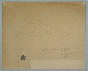 Kresba, Déšť padající ze zamračené oblohy nad horskými hřebeny, Hacienda Chillo, Ekvádor, 27. července 1857 od Frederic Edwin Church
